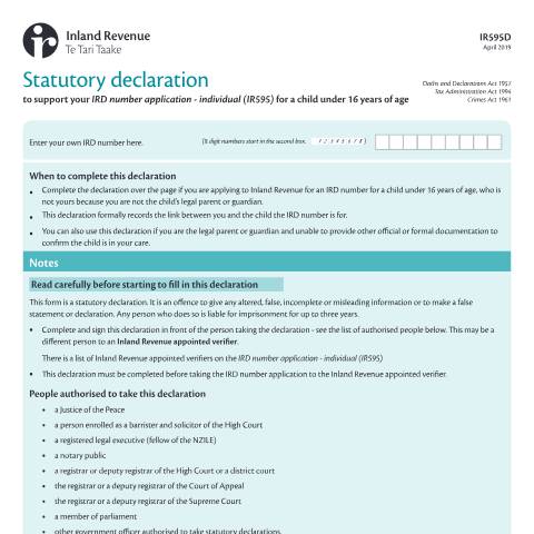 Document preview: Statutory declaration — Managing my tax, New Zealand (CERFA n°IR595D)