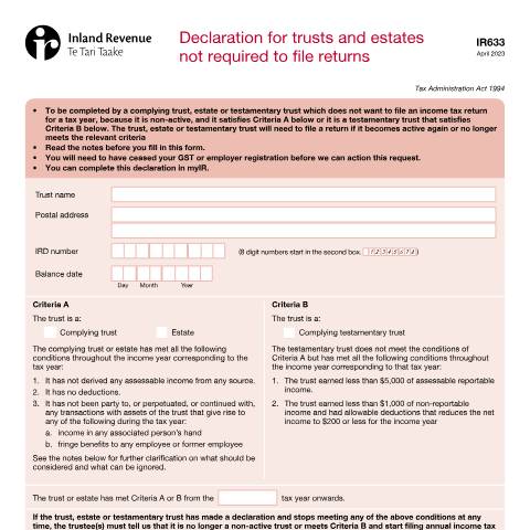 Document preview: Non-active trust declaration — Income tax, New Zealand (CERFA n°IR633)