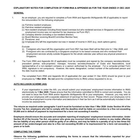 Document preview: Form IR8A explanatory notes — IRAS / Employers, Singapore (CERFA n°EXPLANATORY-NOTES-ON-FORM-IR8A-AND-APPENDIX-8A-FOR-YA2026)