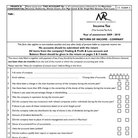 Document preview: I.T Form 3 — Form, Mauritius (CERFA n°company_09)