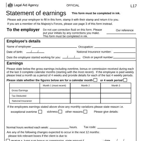 Document preview: L17: statement of earnings — Legal Aid Agency, United Kingdom