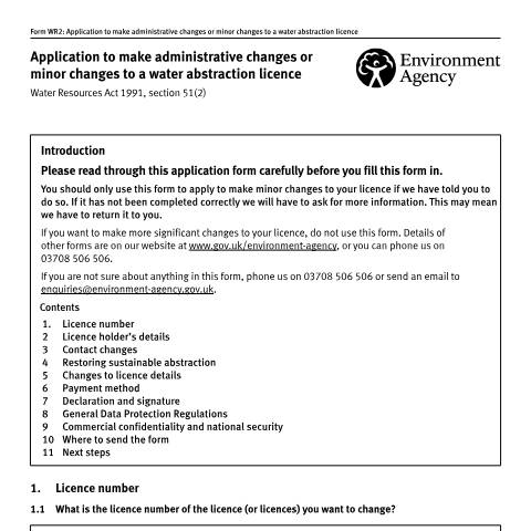 Document preview: Application to make administrative or minor changes to a water abstraction licence — Environment Agency, United Kingdom