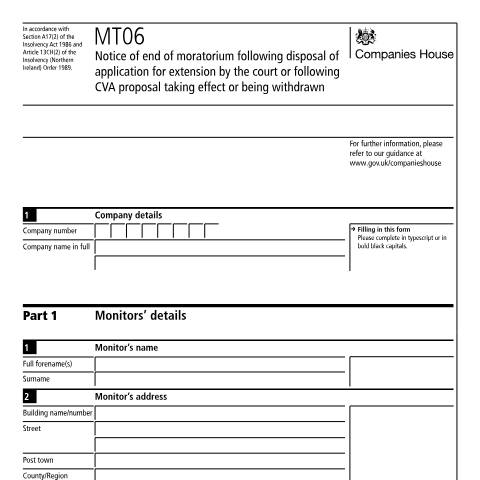 Document preview: End of moratorium following disposal of extension application or CVA action (MT06) — Companies House, United Kingdom