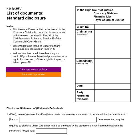 Document preview: List of documents: standard disclosure (Chancery Division Financial List): Form N265(CHFL) — HM Courts & Tribunals Service, United Kingdom