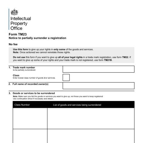 Document preview: Notice to partially surrender a registration — Intellectual Property Office, United Kingdom