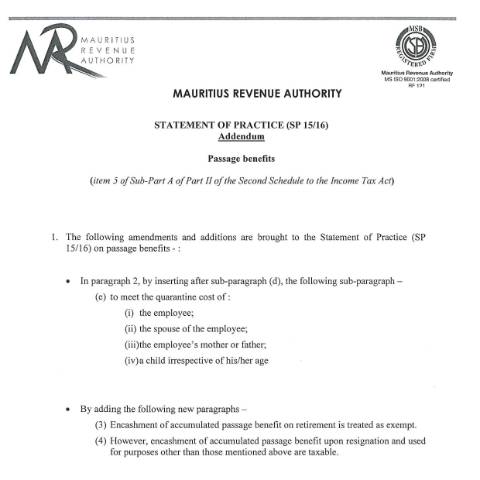 Document preview: Addendum — Document, Mauritius (CERFA n°AddendumPassageBenefits)