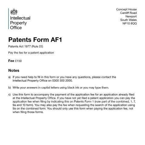 Document preview: Pay the fee for a patent application — Intellectual Property Office, United Kingdom