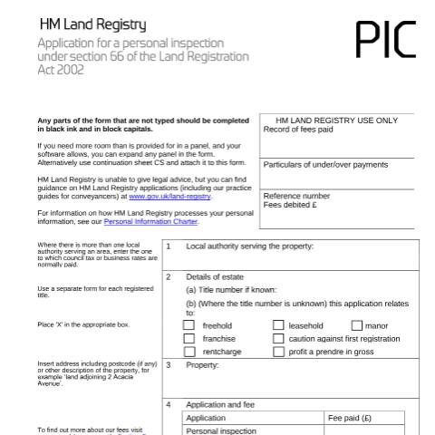 Document preview: Personal inspection: registration (PIC) — HM Land Registry, United Kingdom