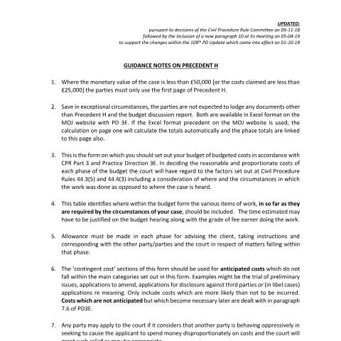 Document preview: Form Precedent H and R: Costs budget (Precedent H) and budget discussion report (Precedent R) — HM Courts & Tribunals Service, United Kingdom
