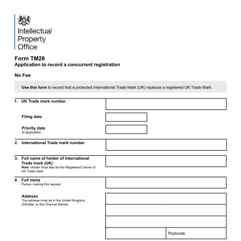 Document preview: Application to record a concurrent registration — Intellectual Property Office, United Kingdom
