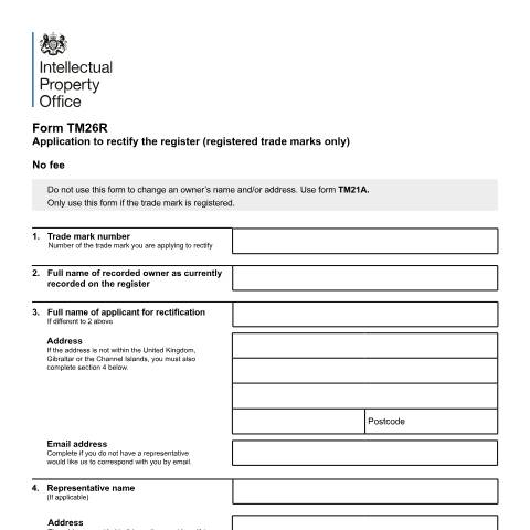 Document preview: Application to rectify the register (registered trade marks only) — Intellectual Property Office, United Kingdom