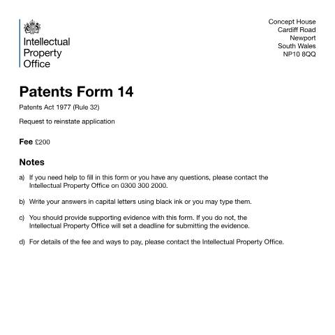 Document preview: Request to reinstate application — Intellectual Property Office, United Kingdom