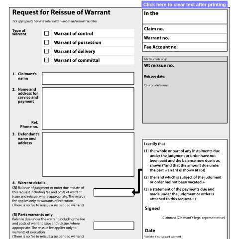 Document preview: Ask the court to reissue a warrant: Form N445 — HM Courts & Tribunals Service, United Kingdom