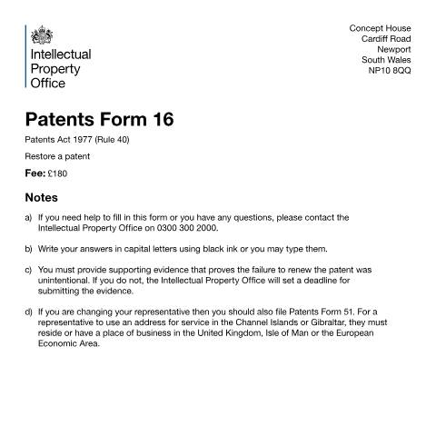 Document preview: Restore a patent — Intellectual Property Office, United Kingdom