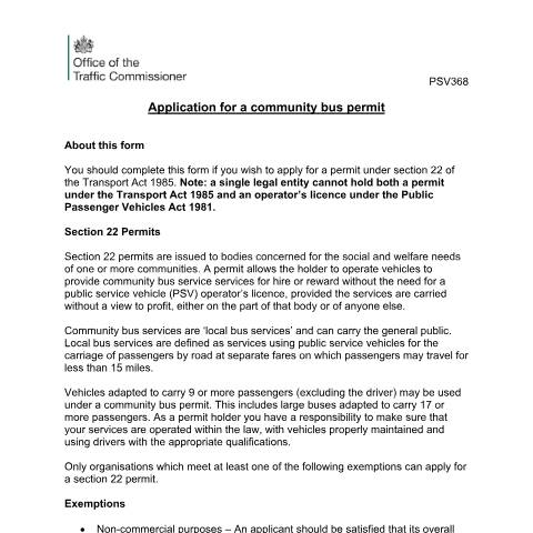 Document preview: Application for a section 22 community bus permit (PSV368) — Traffic Commissioners for Great Britain, United Kingdom