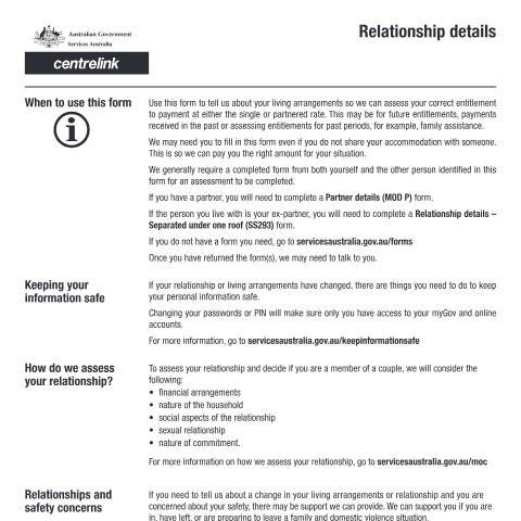 Document preview: Relationship details — Services Australia — Individuals (by code), Australia (CERFA n°SS284)