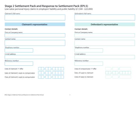 Document preview: Stage 2 settlement pack and response to settlement pack: low value personal injury claims in employers' liability and public liability (£1,000 to £25,000): Form EPL5 — HM Courts & Tribunals Service, United Kingdom