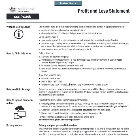 Document preview: Profit and Loss Statement — Services Australia — Individuals (by code), Australia (CERFA n°SU580)