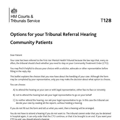 Document preview: Tell the First-tier Tribunal (Mental Health) if you want to attend a referral hearing: Form T128 — HM Courts & Tribunals Service, United Kingdom