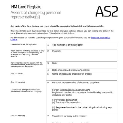 Document preview: Charge (mortgage): assent (AS2) — HM Land Registry, United Kingdom