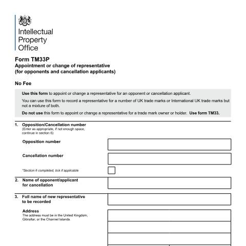 Document preview: Appointment or change of representative for opponents — Intellectual Property Office, United Kingdom