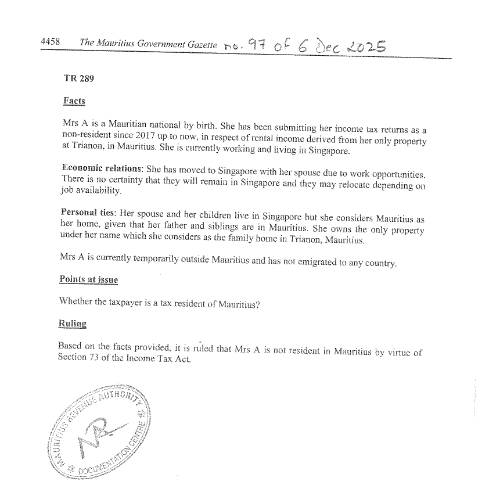 Document preview: TR 289 — Document, Mauritius (CERFA n°TR289)
