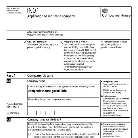 Document preview: Register a private or public company (IN01) — Companies House, United Kingdom