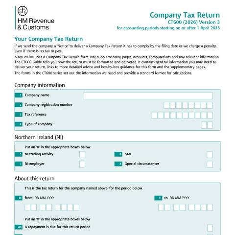 Document preview: Company Tax Return (CT600) — HM Revenue & Customs, United Kingdom