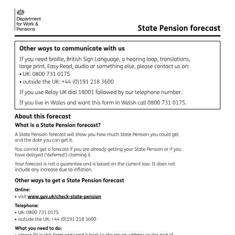 Document preview: Application for a State Pension forecast — Department for Work and Pensions, United Kingdom