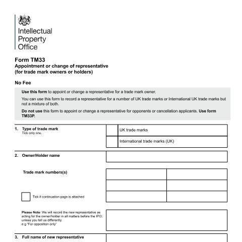 Document preview: Appointment or change of representative for TM owner — Intellectual Property Office, United Kingdom