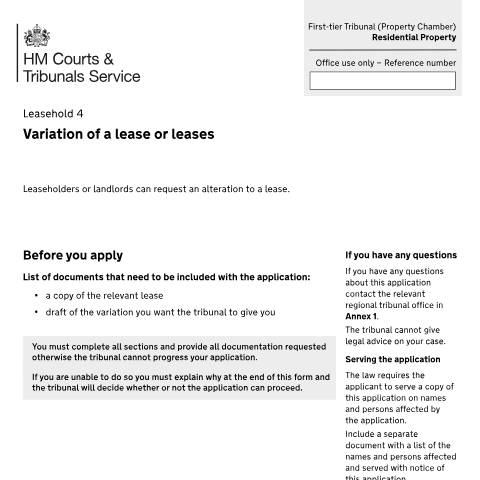 Document preview: Apply to vary a lease or leases: Form Leasehold 4 — HM Courts & Tribunals Service, United Kingdom