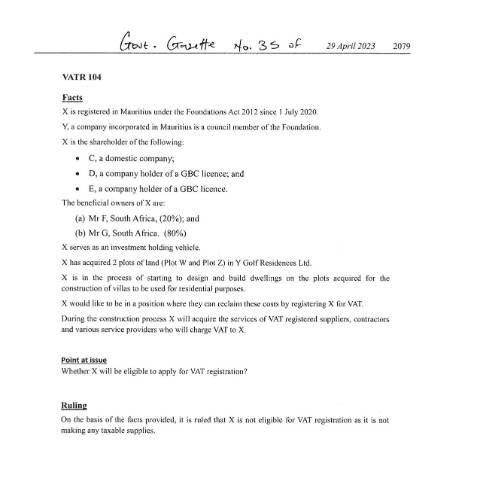 Document preview: VATR 104 — Document, Mauritius (CERFA n°VATR104)