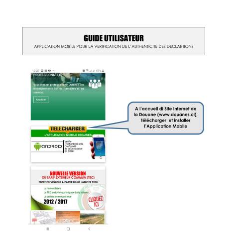 Aperçu du document Guide utilisateur de l’application mobile pour la vérification de l’authenticité des déclarations — Document douanier officiel, Côte d'Ivoire
