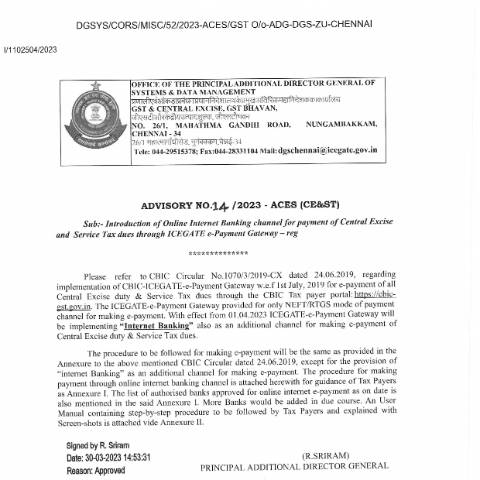 Document preview: Advisory 14 2023 300323 Annexure I introduction online internet banking ePayment CE ST dues — gst, India (CERFA n°Advisory-14-2023-300323-Annexure-I-introduction-online-inter)