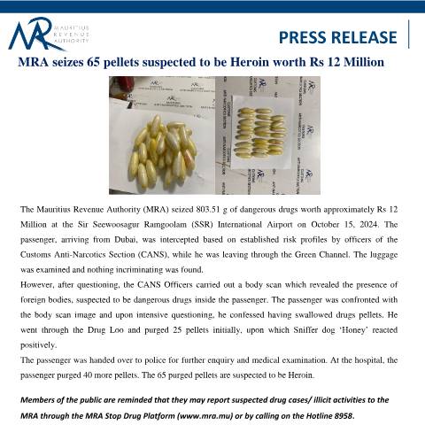 Document preview: MRA seizes 65 pellets suspected to be Heroin worth Rs 12 Million (16.10.24) — Document, Mauritius (CERFA n°PressRelease161024)