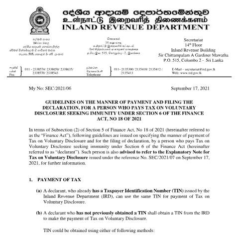 Document preview: Guidelines on the manner of payment and filing the Declaration, for a Person who pays Tax on Voluntary Disclosure — Tax on Voluntary Disclosure (TVD), Sri Lanka