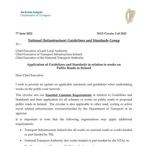 Document preview: Guidelines and standards for roads, greenways and active travel — ngs circular 2 of 2022 application of guidelines and standards in relation to works on — Department of Transport, Ireland (CERFA n°OF2022)