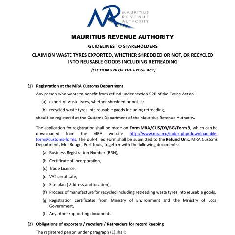 Document preview: Guidelines to Stakeholders - Claim on waste tyres — Form, Mauritius (CERFA n°GuidelinesWasteTyres)