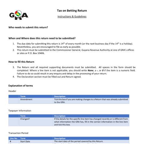 Document preview: Tax on Betting Return Guide — Income Tax, Guyana