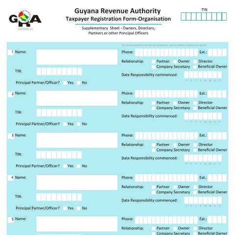 Document preview: G0016b Taxpayer Registration Form Organisation Supplementary Partners v1 — PAYE & Payroll, Guyana