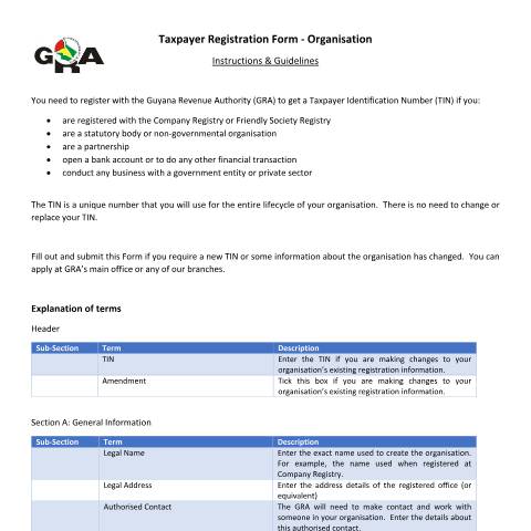 Document preview: Taxpayer Registration Form Organisation Guide — PAYE & Payroll, Guyana