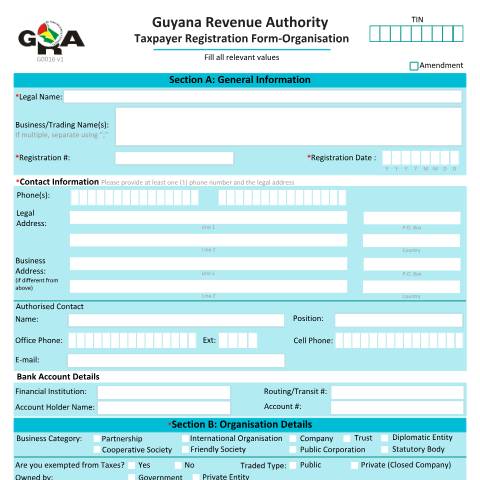 Document preview: G0016 Taxpayer Registration Form Organisation v1 — PAYE & Payroll, Guyana