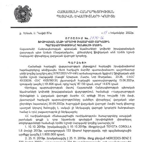 Document preview: ՀՀ ՊԵԿ իրավաբանական վարչության պետի կողմից կայացված 19.10.2022թ․ «Ֆիզիկական անձի կողմից չկատարված հարկային պարտավորությունները գանձելու մասին» 2870-Ա որոշում (Արմեն Աշոտի Սարգսյան, ՀՎՀՀ՝ 45133039, ՀԾՀ՝ 4105780131) (ՀՀ ՊԵԿ պաշտոնական կայքում հրապարակվել է 17․07․2023թ․) — Կառավարության որոշում (décision du gouvernement), Հայաստան
