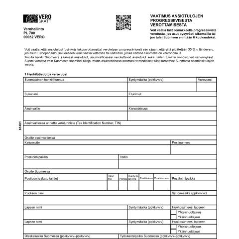 Document preview: Hakemus ansiotulojen progressiivisesta verottamisesta (6148) — Hakemus ansiotulojen progressiivisesta verottamisesta (6148), Suomi (CERFA n°Vero 6148)