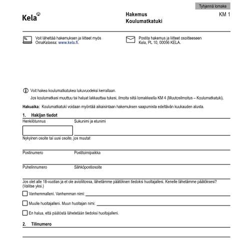 Document preview: Hakemus - Koulumatkatuki — Opiskelijat, Suomi (CERFA n°Kela KM 1)