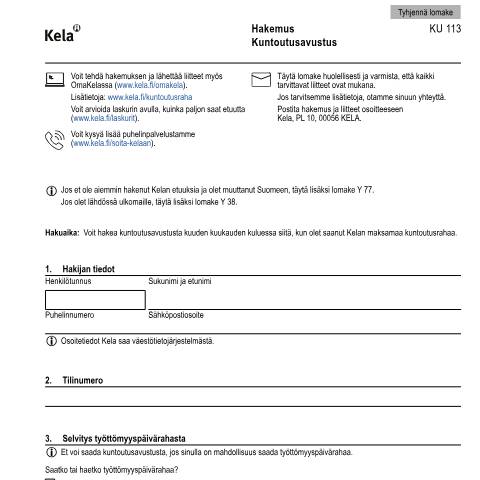 Document preview: Hakemus - Kuntoutusavustus — Kuntoutus, Suomi (CERFA n°Kela KU 113)