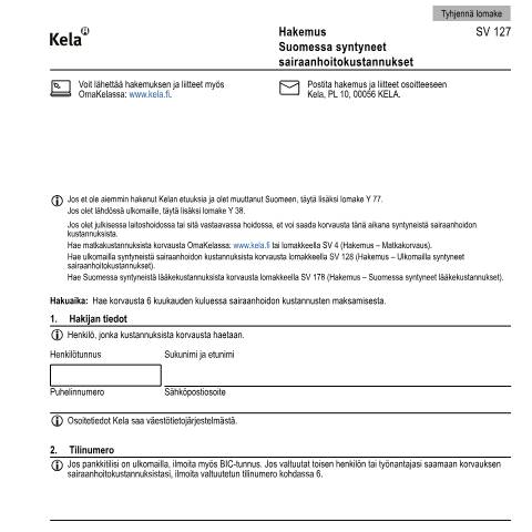Document preview: Hakemus - Suomessa syntyneet sairaanhoitokustannukset — Sairastaminen, Suomi (CERFA n°Kela SV 127)