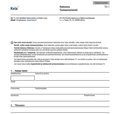 Document preview: Hakemus - Toimeentulotuki — Toimeentulotuki, Suomi (CERFA n°Kela TO 1)