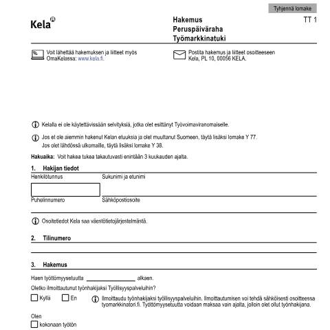 Document preview: Hakemus - Työttömyysturva — Työttömyys, Suomi (CERFA n°Kela TT 1)