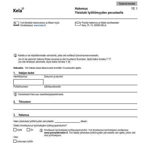 Document preview: Hakemus – Yleistuki työttömyyden perusteella — Työttömyys, Suomi (CERFA n°Kela YE 1)